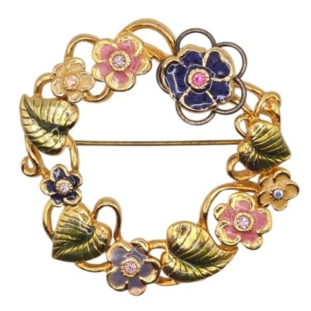 Kenneth Cole Floral Wreath Brooch Gold Tone Flowers Enamel Rhinestone
